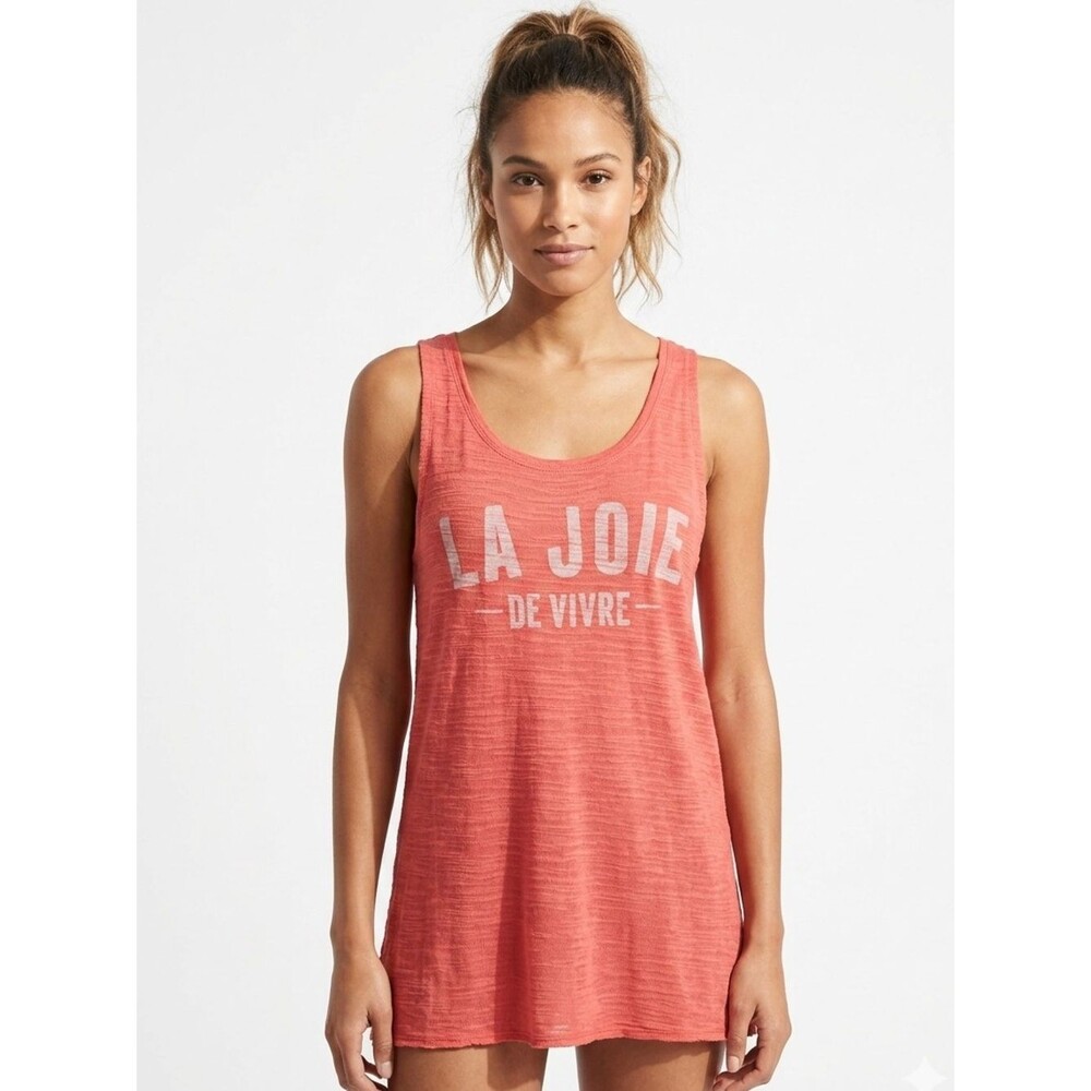 Pull & Bear Coral Pink Graphic Slub Knit Tank Top "La Joie De Vivre" Size Large